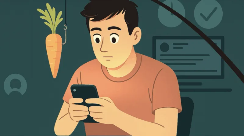 Smartphone-User mit Möhre an einer Angelrute vor dem Gesicht