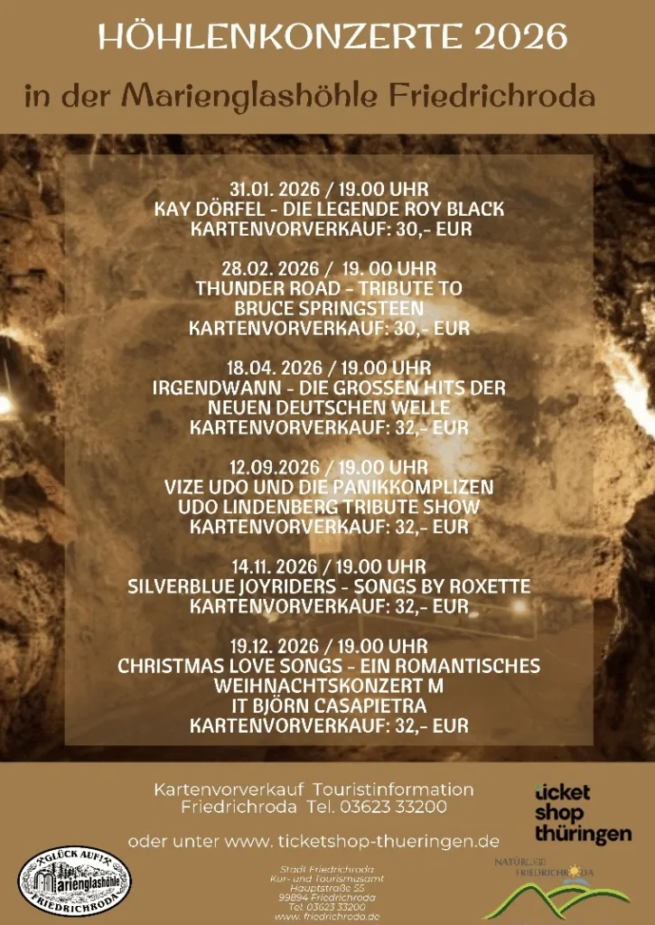 Konzerte unter Tage 2025 und 2026 in der Marienglashöhle Friedrichroda