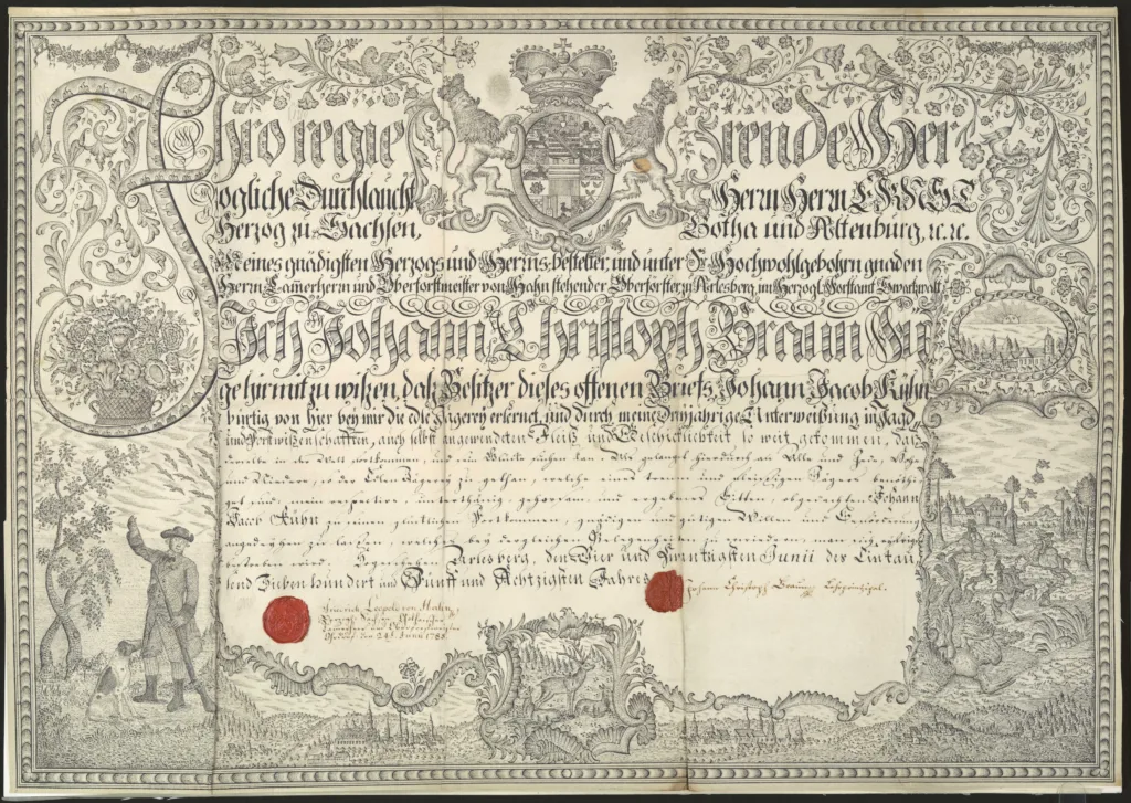 Gesellenbrief anno 1785: ein Jagdpatent bereichert die Friedensteinsche Sammlung