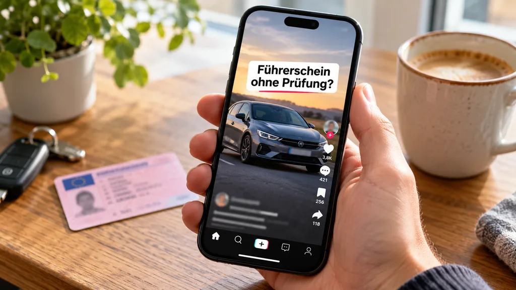 Smartphone mit einem beispielhaften Social-Media-Angebot für einen Führerschein ohne Prüfung neben einer unscharfen Führerscheinkarte.